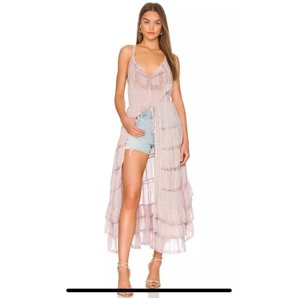 Free People Dolly Bodysuit Crochet Lace Tiered Button Up Maxi Dress Pink Size S